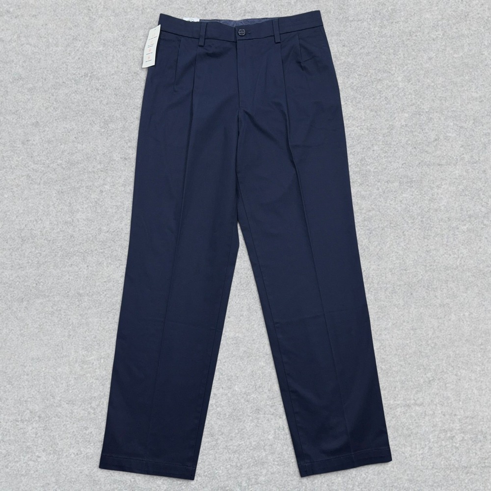 Dockers Signature Khaki Pants Mens 30x32 Navy Blue Pleated Classic Fit Stretch